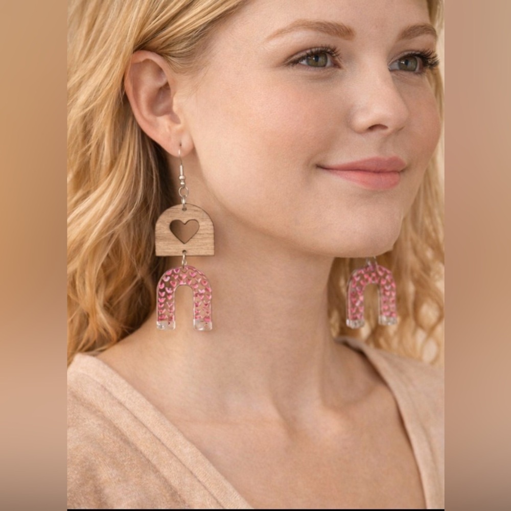 Handmade Wooden & Acrylic Heart Dangle Earrings Pink Love Boho Statement NEW
